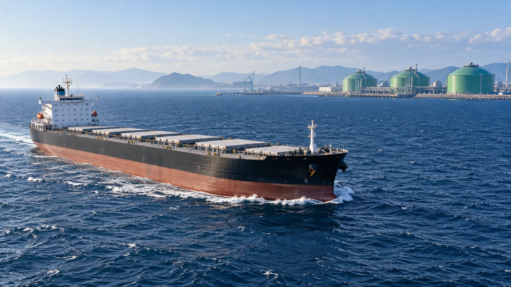 A bulk carrier at sea with a fuel terminal in the distance