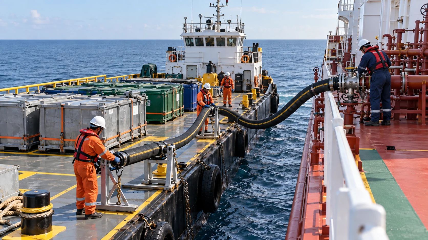 Waste reception barge alongside a merchant vessel