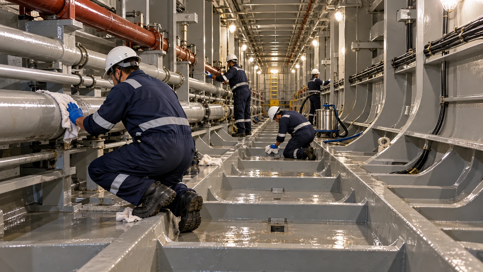 Ship duct keel cleaning crew and pipe passage